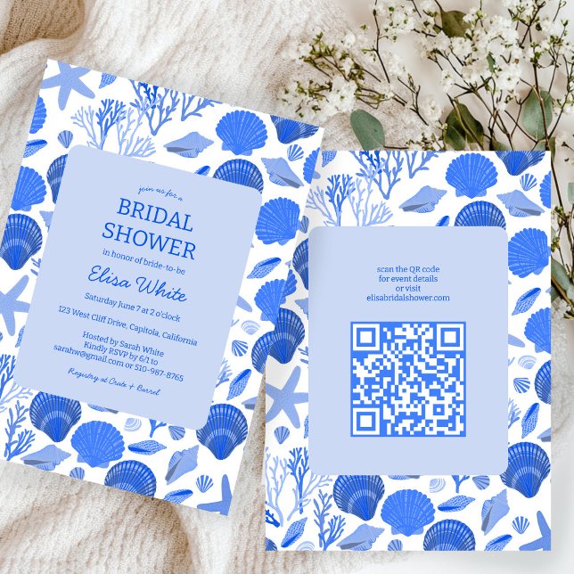 Seashells Bridal Shower Chic Blue Beach CUSTOM QR Invitation (Seashells Bridal Shower Chic Blue Beach CUSTOM QR Invitation
)