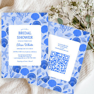 Seashells Bridal Shower Chic Blue Beach CUSTOM QR Invitation