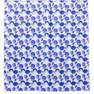 Seashells - cobalt blue on a white background shower curtain