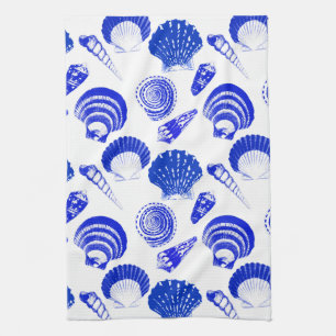 Seashells - cobalt blue on a white background tea towel
