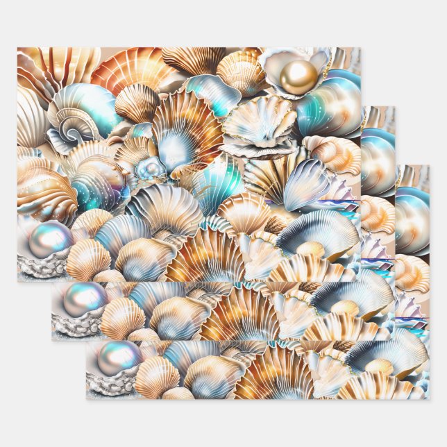 Seashells collage iridescent shimmer beach pattern wrapping paper sheet (Set)