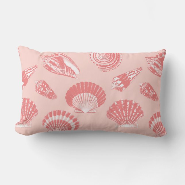 Seashells - coral pink and white lumbar cushion (Front)