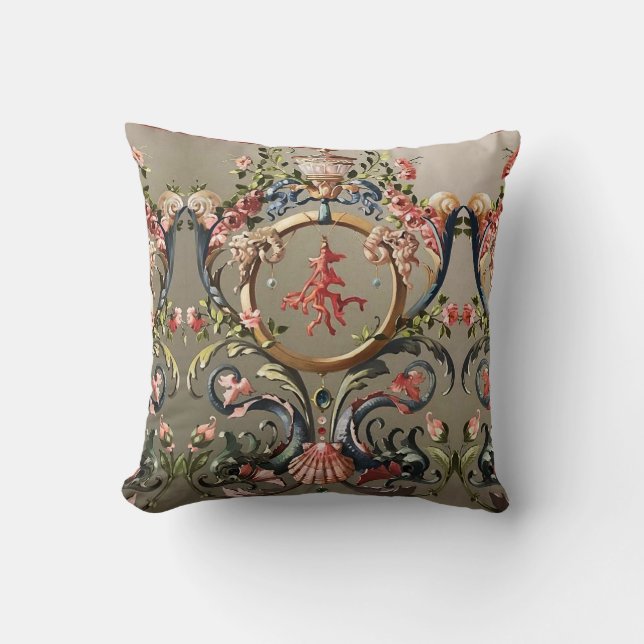 SEASHELLS,CORALS,DOLPHINS,ANTIQUE FLORAL SWIRLS  CUSHION (Front)