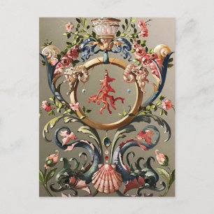 SEASHELLS,CORALS,DOLPHINS,ANTIQUE FLORAL SWIRLS HOLIDAY POSTCARD