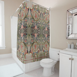 SEASHELLS,CORALS,DOLPHINS,ANTIQUE FLORAL SWIRLS  SHOWER CURTAIN