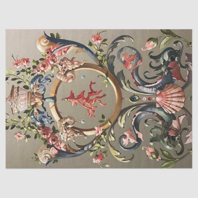 SEASHELLS,CORALS,DOLPHINS,ANTIQUE FLORAL SWIRLS  TISSUE PAPER (Front)