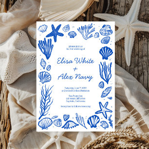 Seashells Frame Beach Wedding Blue CUSTOM  Invitation
