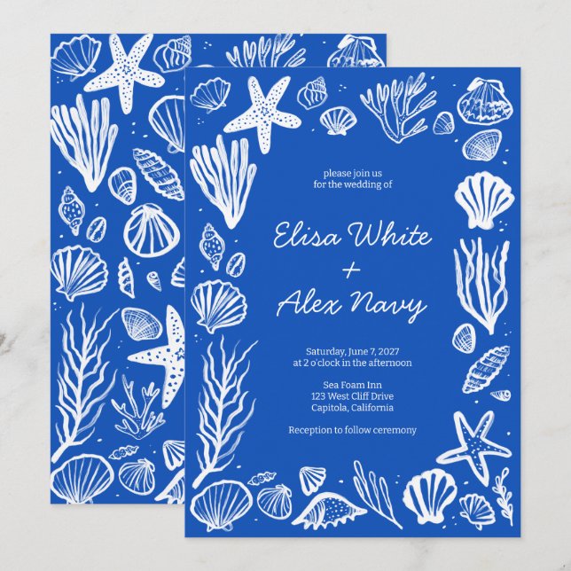 Seashells Frame Beach Wedding Blue CUSTOM  Invitation (Front/Back)