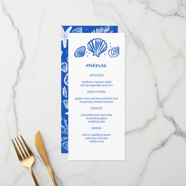 Seashells Frame Beach Wedding CUSTOM Party  Menu (Front/Back In Situ)