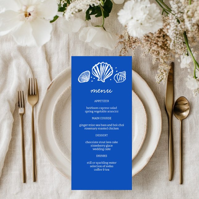Seashells Frame Beach Wedding CUSTOM Party  Menu (Seashells Frame Beach Wedding CUSTOM Party Menu Blue White
)