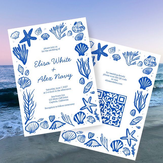 Seashells Frame Beach Wedding CUSTOM QR Code Invitation (Seashells Frame Beach Wedding Seaside Ocean CUSTOM QR Code Invitation
)