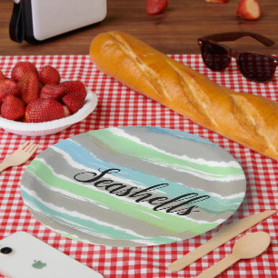 Seashells Grey Green Blue Watercolor Stripes Paper Plate