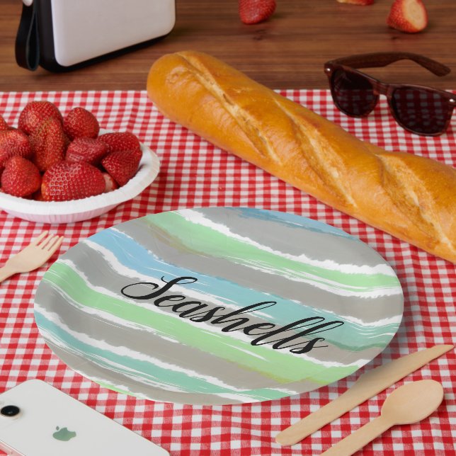 Seashells Grey Green Blue Watercolor Stripes Paper Plate (Picnic)