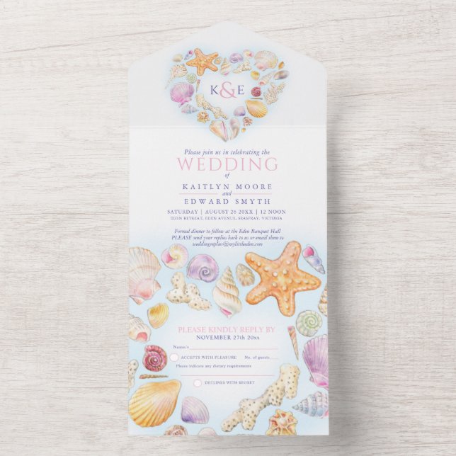 Seashells heart watercolor beach wedding all in one invitation (Inside)