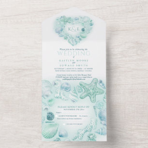 Seashells heart watercolor beach wedding aqua all in one invitation