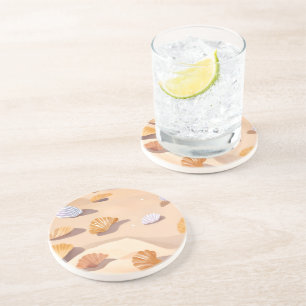 Seashells in the Sand Beach Ocean Watercolor Coaster