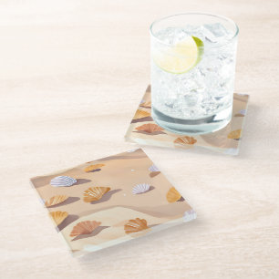 Seashells in the Sand Beach Ocean Watercolor Glass Coaster