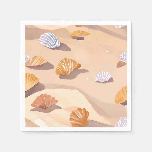 Seashells in the Sand | Beach Ocean Watercolor Napkin (Front)