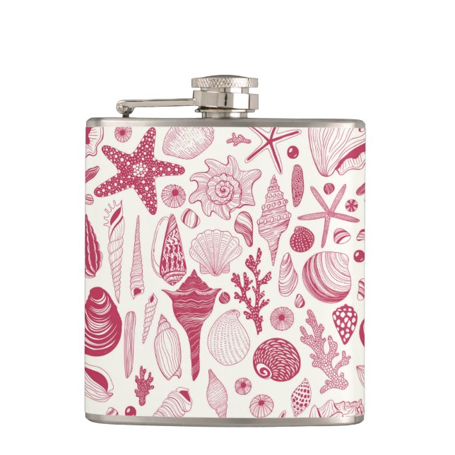 Seashells in Viva Magenta- Colour of the Year 2023 Hip Flask (Front)