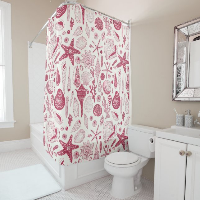 Seashells in Viva Magenta- Colour of the Year 2023 Shower Curtain (In Situ)