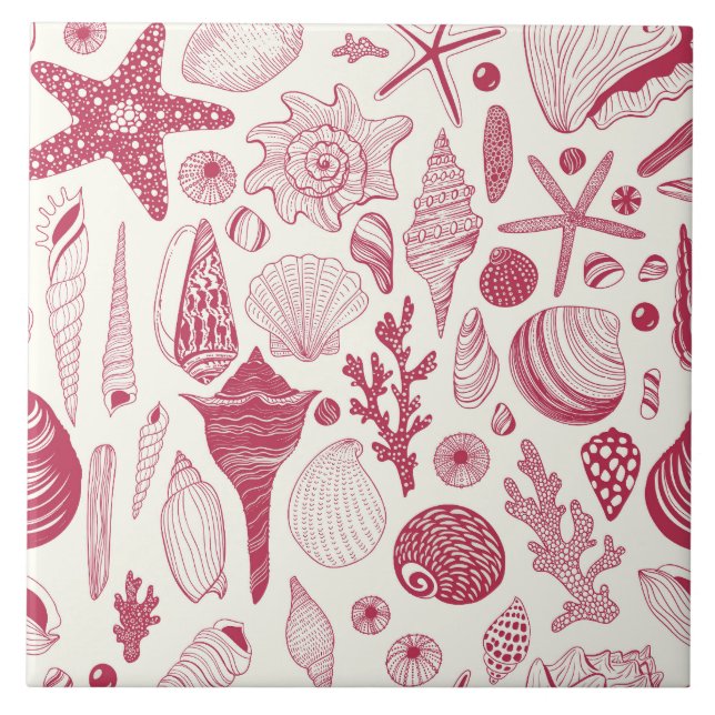 Seashells in Viva Magenta- Colour of the Year 2023 Tile (Front)
