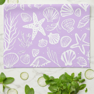 Seashells Lavender Pattern Beach Shells Chic Tea Towel