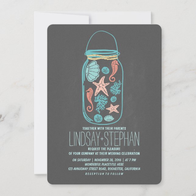 Seashells mason jar beach wedding invitations (Front)