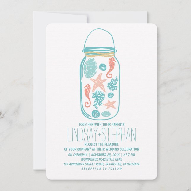 Seashells mason jar beach wedding invitations (Front)