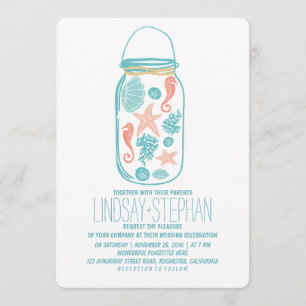 Seashells mason jar beach wedding invitations
