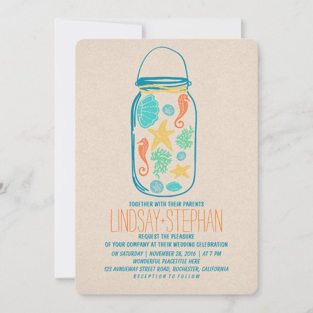 Seashells mason jar beach wedding invitations (Front)