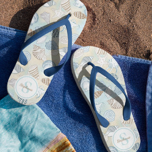 Seashells Monogram Name Coastal Pattern Flip Flops