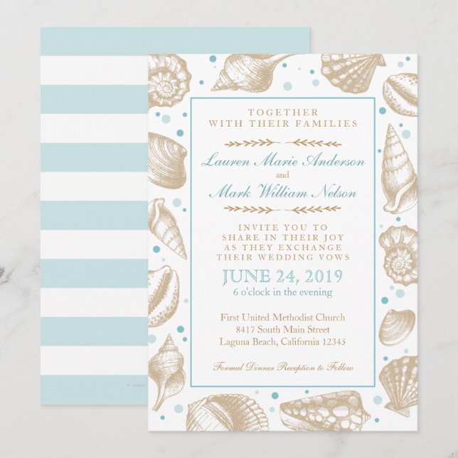 Seashells Nautical Beach Wedding Aqua/Tan Invitation (Front/Back)