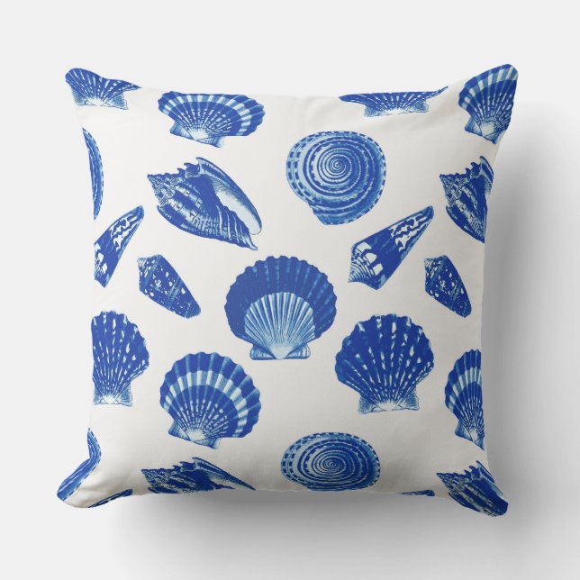Seashells - Navy Blue on a White Background Outdoor Cushion (Front)