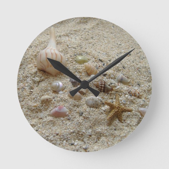 Seashells Nestled in Beach Sand Round Clock (Front)
