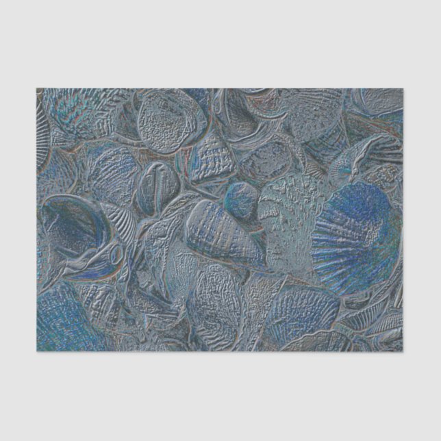 Seashells Ocean Beach Blue Metallic Decoupage Tissue Paper (Front)