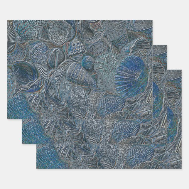 Seashells Ocean Beach Blue Metallic Decoupage Wrapping Paper Sheet (Set)