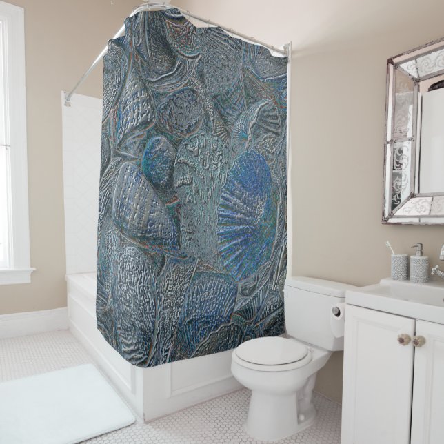 Seashells Ocean Beach Blue Nautical Metallic Style Shower Curtain (In Situ)