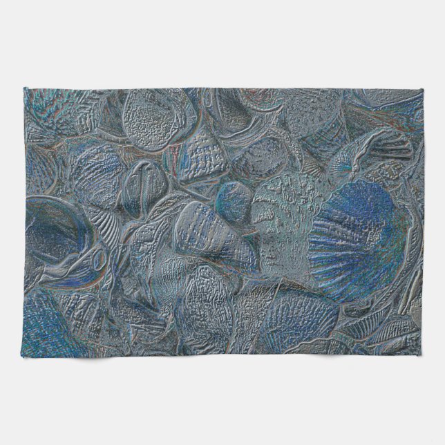 Seashells Ocean Beach Blue Nautical Metallic Tea Towel (Horizontal)