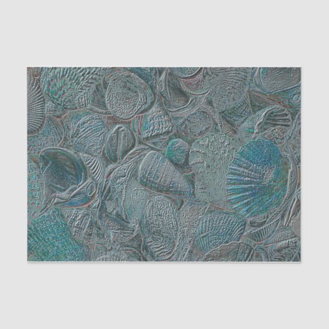 Seashells Ocean Beach Teal Grey Metallic Tissue Paper (Front)