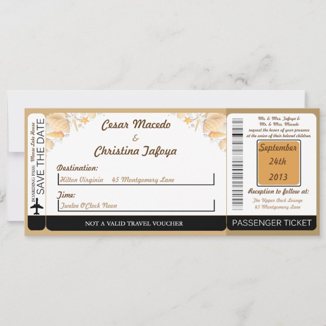 Seashells on Sand Boarding Pass Wedding Invitation (Front)