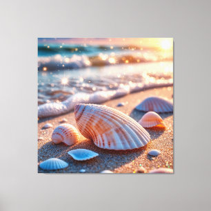 Seashells On Sand With Glittering Ocean Waves Canvas Print