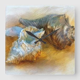 Seashells on the beach square wall clock
