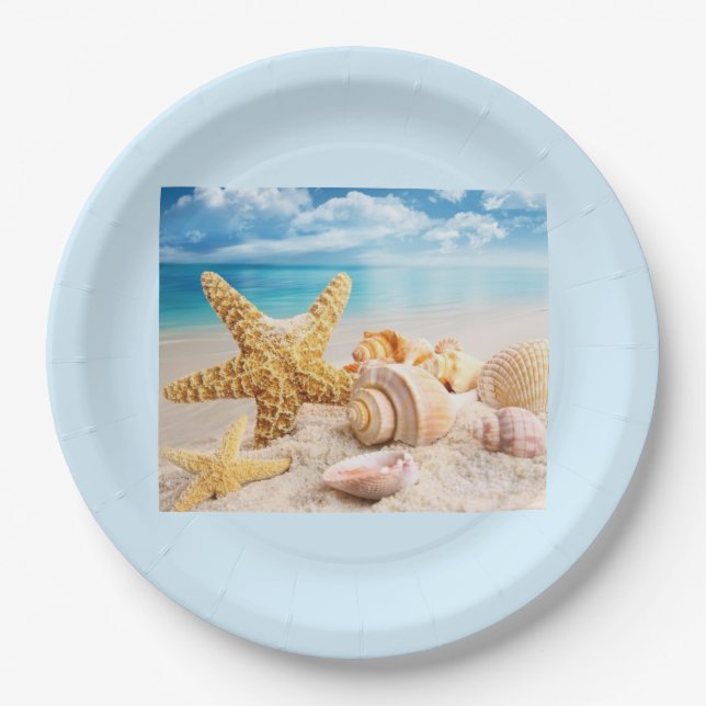 Seashells on the round beach paper plates (Front)