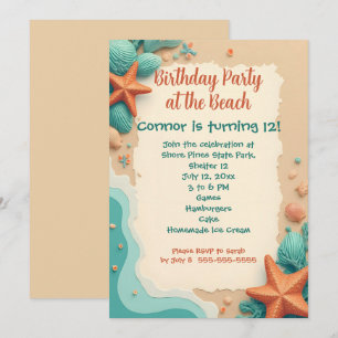 Seashells on the Shore Tween Beach Theme Birthday Invitation