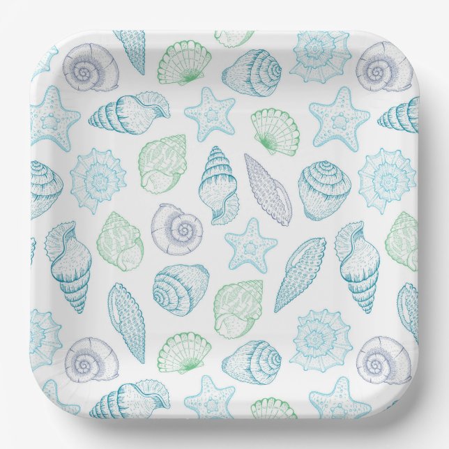 Seashells Paper Plates, Beach Coastal Birthday Plate (Front)
