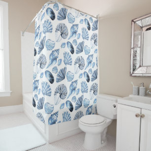 Seashells Pattern in Blue Beach House Shower Curtain