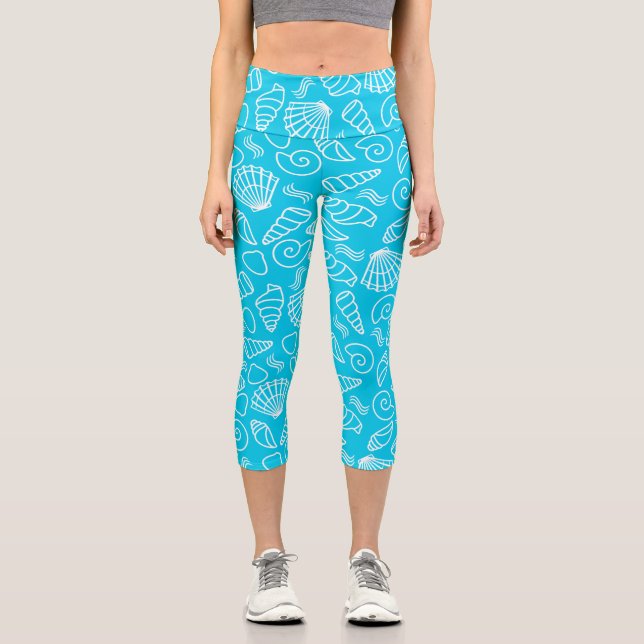 Seashells Pattern on Bright Blue Capri Leggings (Front)