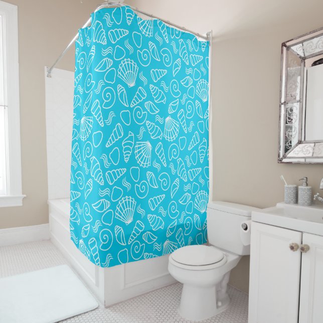 Seashells Pattern on Bright Blue Shower Curtain (In Situ)