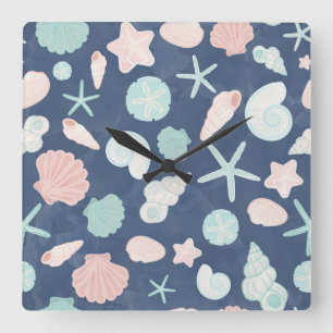 seashells pattern square wall clock