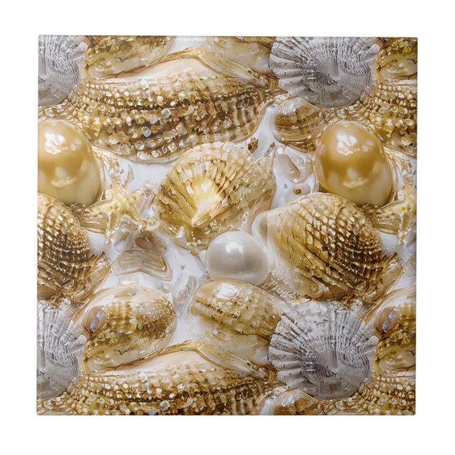 Seashells pearl beach sand nautical gold white  tile (Front)
